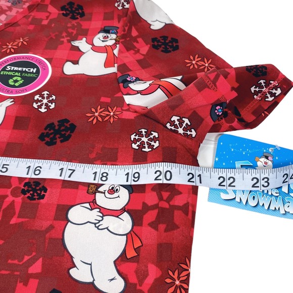 Frosty The Snowman Womens Scrub Top M Red Christmas Medical Uniform V Neck NEW - Picture 6 of 9